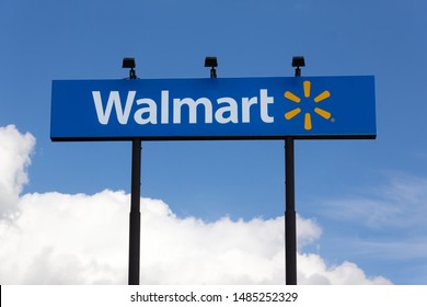 HUDSON, WI/USA - AUGUST 21, 2019: Walmart retail store sign and trademark logo.