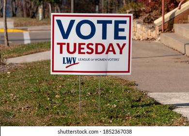 HUDSON, WI/USA - OCTOBER 31, 2020: League Of Women Voters Sign Outside Polling Place In The United States.