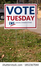 HUDSON, WI/USA - OCTOBER 31, 2020: League Of Women Voters Sign Outside Polling Place In The United States.