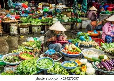 HUE, VIETNAM February 21, 2014: a local vegetable market in vietnam