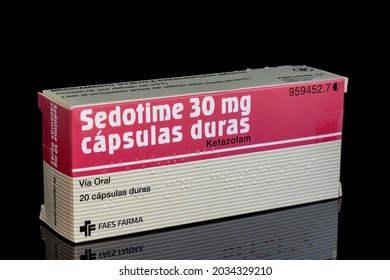 Huelva, Spain - August 28, 2021: Spanish box of Ketazolam brand Sedotime. Drug benzodiazepine derivative. It possesses anxiolytic, anticonvulsant, sedative and skeletal muscle relaxant properties