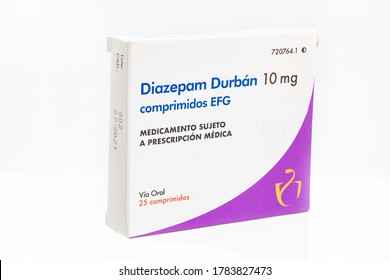 Huelva, Spain - July 23, 2020: Spanish Box of Diazepam brand Durban. Diazepam, first marketed as Valium, is a medicine of the benzodiazepine family that typically produces a calming effect.