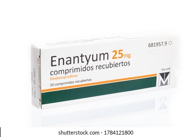 Huelva, Spain - July 23, 2020: Dexketoprofen brand Enantyum from laboratory Menarini. Dexketoprofen is a nonsteroidal anti-inflammatory drug (NSAID). 