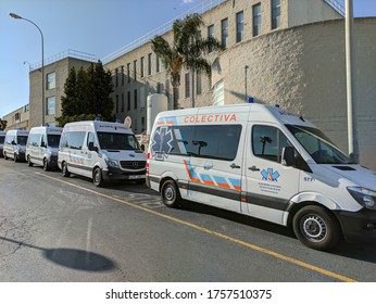 Huelva, Spain - June 16, 2020:  Ambulances Parked In Hospital Juan Ramon Jimenez In Huelva, Spain