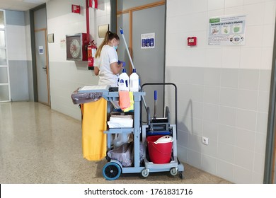 Huelva, Spain - June 16, 2020: Cleaning Service Inside The Hospital Juan Ramon Jimenez In Huelva, Spain