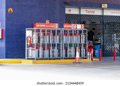 Huelva, Spain - March 10, 2022: Cepsa Gas Cylinders Of Butane And Propane For Sale At A Service Station