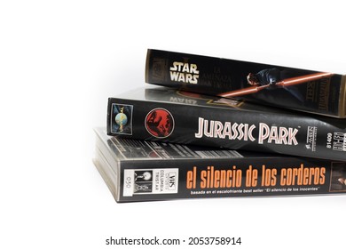 Huelva, Spain; October 7, 2021:Three vhs movies. Star wars,
The silence of the lambs,
Jurassic Park