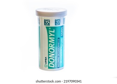 Huelva, Spain - September 2, 2022: Doxylamine Brand Donormyl Is Used For Insomnia And To Treat Sneezing, Runny Nose, Watery Eyes, Hives, Skin Rash, Itching, And Other Cold Or Allergy Symptoms