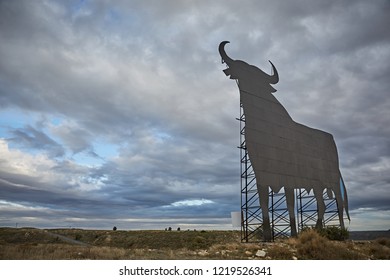 Huesca, Spain. October 2108. Osborne Advertising In The Shape Of A Metal Bull. Here The Film Jamon, Jamon, With Penelope Cruz And Javier Bardem Was Filmed.