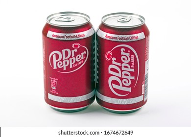 HUETTENBERG, GERMANY - 2020-02_25 Two DR PEPPER CANS OF DRINK - Product Shot Of Dr Pepper Can Isolated On White