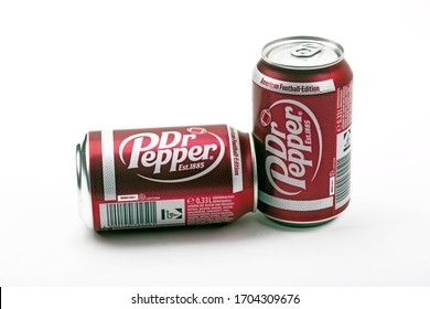 HUETTENBERG, GERMANY - 2020-02_25 Two DR PEPPER CANS OF DRINK - Product Shot Of Dr Pepper Can Isolated On White