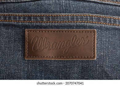 Huettenberg, Germany - 2021-10- Wrangler Jeans Label Close Up , Product Shot.