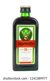 Huettenberg, Germany - 26.06.2018: Bottle Of JÄGERMEISTER Liquor Drink Isolated On White Background.