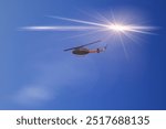 Huey helicopter in flight view 