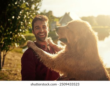 Hug, dog and man in park, portrait and relax in nature with golden retriever, love and lake. Outdoor, pet and person with smile for trip, travel and vacation with animal, water and together in woods - Powered by Shutterstock