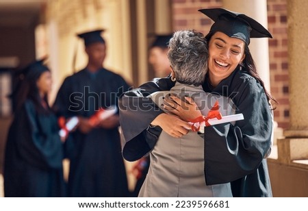 Hug, graduation and graduate, women and education achievement, success on university campus and certificate with academic goals reached. College, student and graduating ceremony, event and degree.