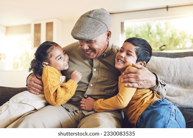 Hug, grandfather or happy children in family home on sofa with love enjoying quality bonding time together. Smile, affection or senior grandparent relaxing with young kids or siblings on house couch - Powered by Shutterstock