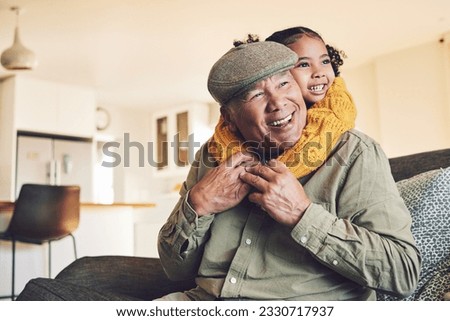 Hug, grandparent playing or happy child in family home on sofa with love or care bonding together. Piggyback, living room couch or senior grandfather with young girl, smile or kid to relax in house