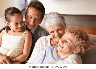 Hug, grandparents and grandchildren with smile for family, photo and multi generation bonding. Senior couple, boy and girl with laugh, love and happiness for playful relationship together at home - Powered by Shutterstock