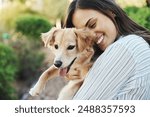 Hug, happy and woman with dog in nature for bonding with pet animal in outdoor garden with love. Care, smile and female person embracing and holding cute puppy for adoption at rescue center in Mexico