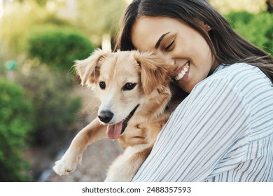 Hug, happy and woman with dog in nature for bonding with pet animal in outdoor garden with love. Care, smile and female person embracing and holding cute puppy for adoption at rescue center in Mexico