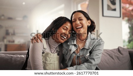 Hug, laugh and relax with friends on sofa for reunion, bonding and happiness. Funny conversation, love and support with women and embrace in living room at home for trust, communication and care