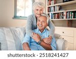 Hug, love and portrait of senior couple on sofa for connection, bonding and relaxing together at home. Smile, happy and elderly man and woman embracing, marriage and resting at house in Canada.