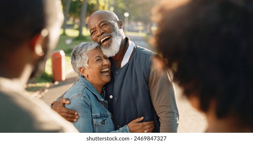 Hug, love and senior couple in park, excited and happiness with joke, funny and bonding together. People, outdoor and men with women, cheerful or laughing with weekend break, romance and relationship - Powered by Shutterstock