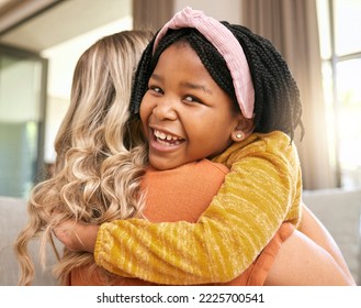 Hug, Mother And Adopted Black Girl In Living Room Of House, Foster Home Or Orphanage In Support, Trust And Security. Portrait, Smile Or Foster Mom With Happy Child, Kid Or Youth In Thank You Embrace