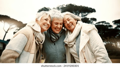 Hug, park and senior women with retirement, smile and happiness with bonding, quality time and relax. Friends, old ladies and female people outdoor, happy and retired with embrace, peace and wellness - Powered by Shutterstock