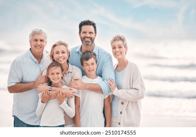 Hug, portrait and support with family on beach together for holiday, travel or vacation. Love, smile or summer with happy senior people, parents and sibling children outdoor for bonding or wellness - Powered by Shutterstock