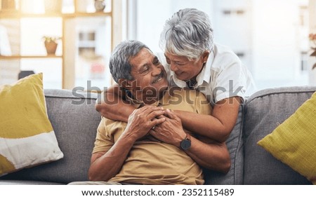 Hug, relax and senior couple on sofa for bonding, healthy marriage and relationship in living room. Retirement, love and happy man and woman on couch embrace for trust, commitment and care at home