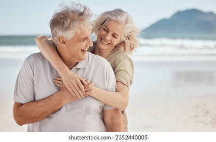 Hug, senior couple and outdoor at the beach with happiness, love and care on vacation. Man and woman on retirement holiday, adventure and romantic trip in nature to relax and travel with mockup - Powered by Shutterstock