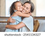 Hug, smile and mom on sofa with child for morning bonding, gratitude and support in fun family home. Love, mother and daughter on couch with happy embrace, care and connection in living room together