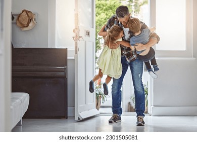 Hug, welcome and a father with children at front door, greeting after work and excited to be home. Happy, family and a dad hugging a girl and boy kid after arriving from a job with love in a house