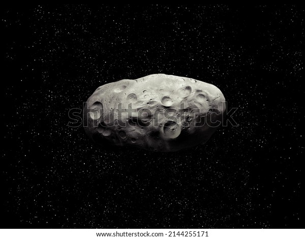 Huge asteroid covered with craters.\
Celestial body in space with stars. Dangerous space\
rock.