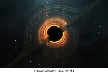Huge black hole warps space. 5K realistic science fiction art. Elements of image provided by Nasa - Shutterstock ID 2107704758