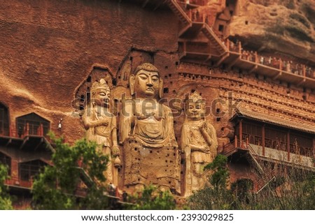 Huge Bodhisattva sculptures at Maijishan, Maiji mountain grottoes in tianshui city, gansu province, China.