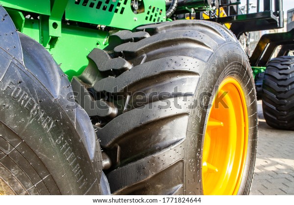 Huge car tire with a large tire tread. 07 July\
2020, Minsk Belarus