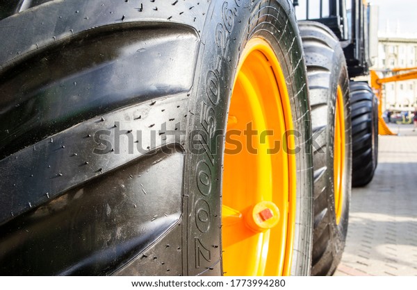 Huge car tire with a large tire tread. 07 July\
2020, Minsk Belarus