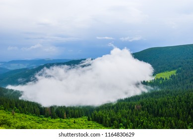 huge cloud float among a green mountain