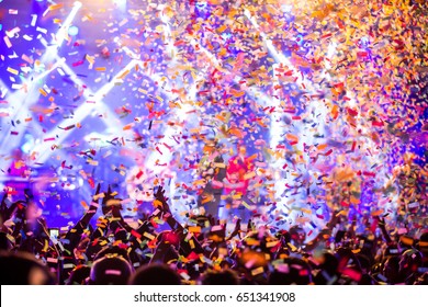 Huge Concert With People Lights And Confetti And Sillouette Party Lights Colour Confetti