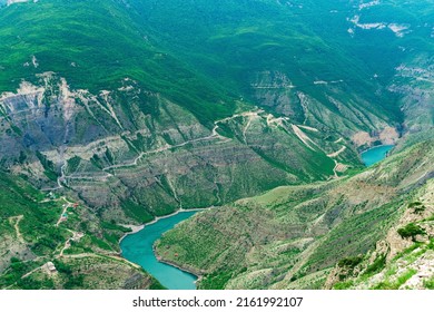 huge deep green canyon of mountain river with blue water, Sulak river in Dagestan