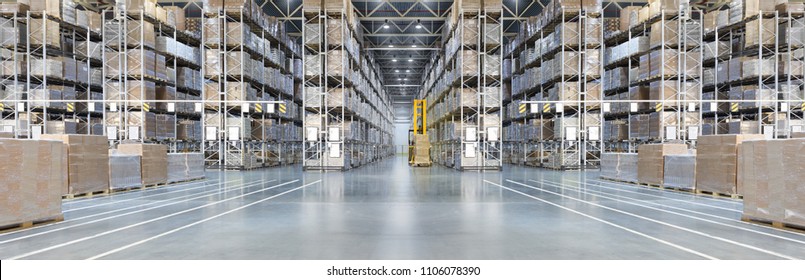 Huge distribution warehouse with high shelves and loaders. Bottom view. - Shutterstock ID 1106078390
