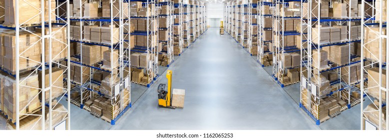 Huge Distribution Warehouse With High Shelves. Top View.