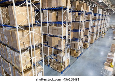 Huge Distribution Warehouse With High Shelves. Top View.