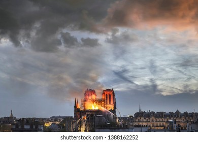 Huge fire sweeps through Notre Dame Cathedral (Paris, France) on April 2019.
Here the church burning before the collapse of the spire. 