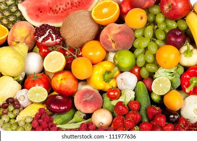 Huge Group Of Fresh Vegetables And Fruits Isolated On A White Background. Shot In A Studio