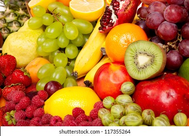 Huge Group Of Fresh Vegetables And Fruits Isolated On A White Background. Shot In A Studio