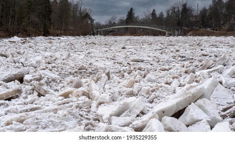 Huge Ice Loads Drift In The River Ogre, Latvia. Congestion On The River In The Spring. A Large Cluster Of Moving Ice Blocks